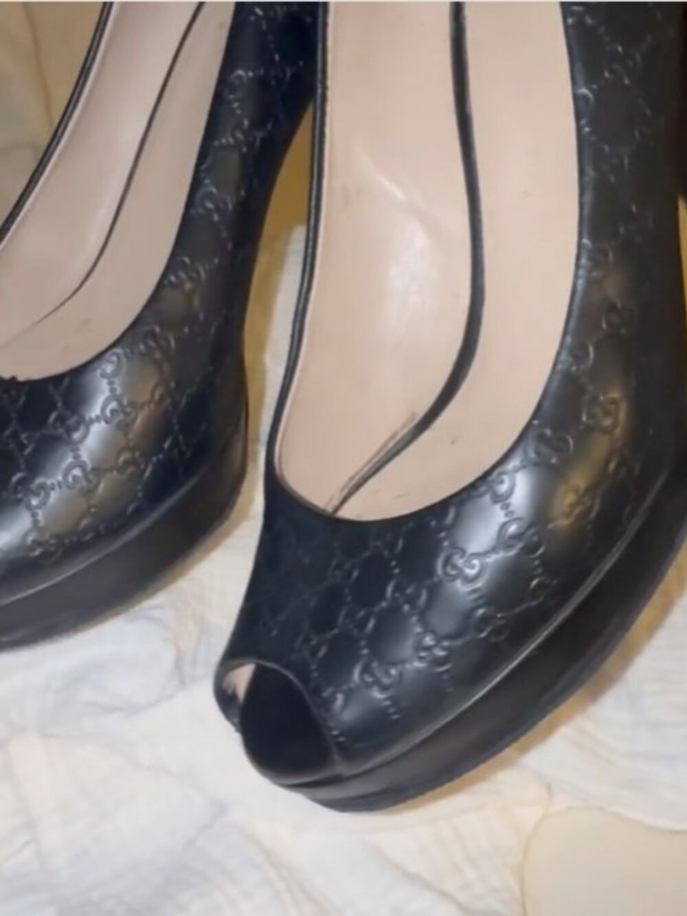 Gucci Black Peep=toe Block Heels Embossed Pumps Monogram Guccissima - Picture 8 of 10